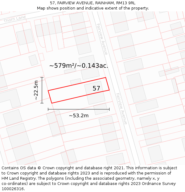 57, FAIRVIEW AVENUE, RAINHAM, RM13 9RL: Plot and title map