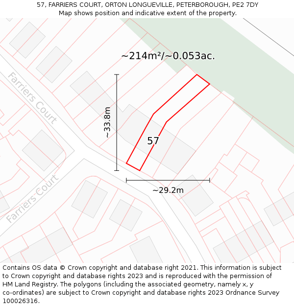 57, FARRIERS COURT, ORTON LONGUEVILLE, PETERBOROUGH, PE2 7DY: Plot and title map