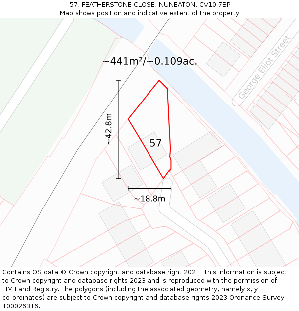 57, FEATHERSTONE CLOSE, NUNEATON, CV10 7BP: Plot and title map