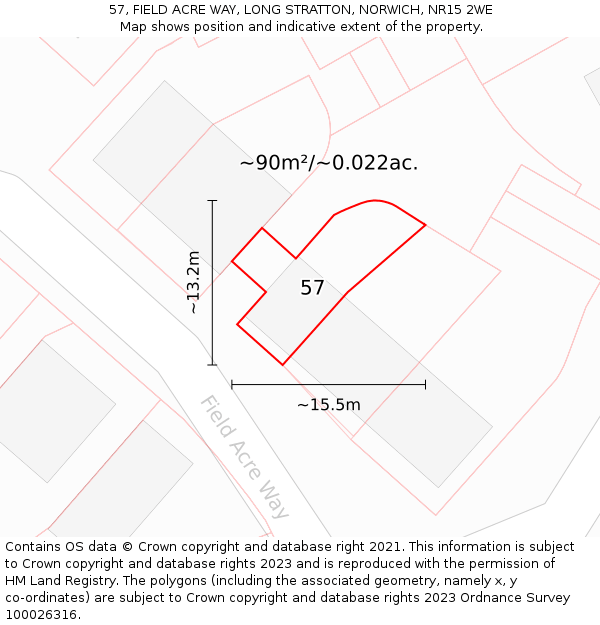 57, FIELD ACRE WAY, LONG STRATTON, NORWICH, NR15 2WE: Plot and title map