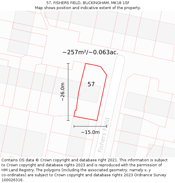 57, FISHERS FIELD, BUCKINGHAM, MK18 1SF: Plot and title map