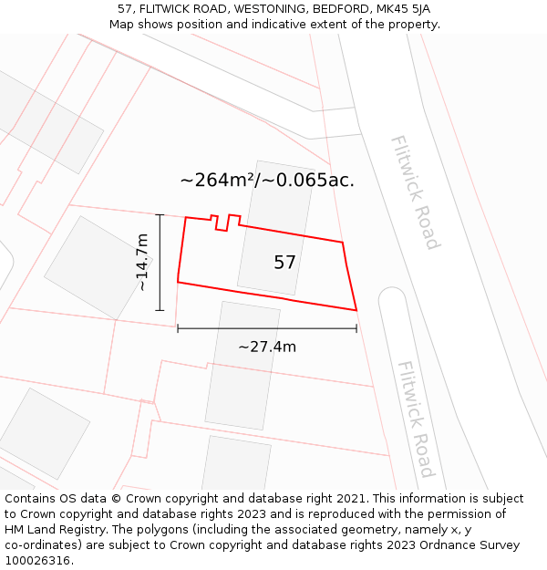 57, FLITWICK ROAD, WESTONING, BEDFORD, MK45 5JA: Plot and title map