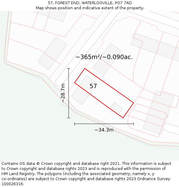 57, FOREST END, WATERLOOVILLE, PO7 7AD: Plot and title map