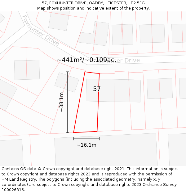 57, FOXHUNTER DRIVE, OADBY, LEICESTER, LE2 5FG: Plot and title map