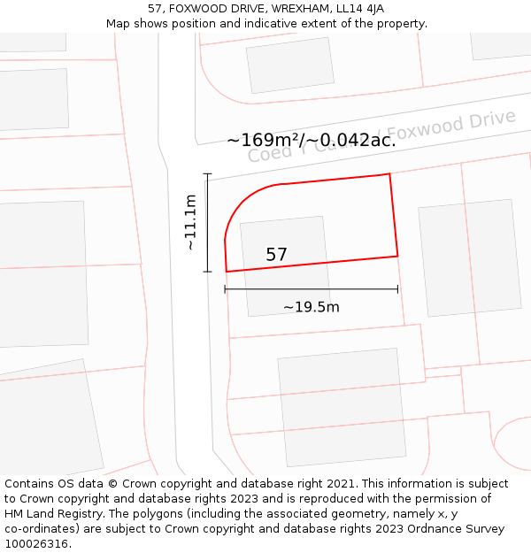 57, FOXWOOD DRIVE, WREXHAM, LL14 4JA: Plot and title map