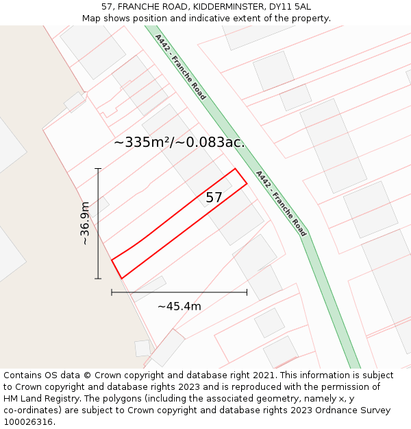 57, FRANCHE ROAD, KIDDERMINSTER, DY11 5AL: Plot and title map