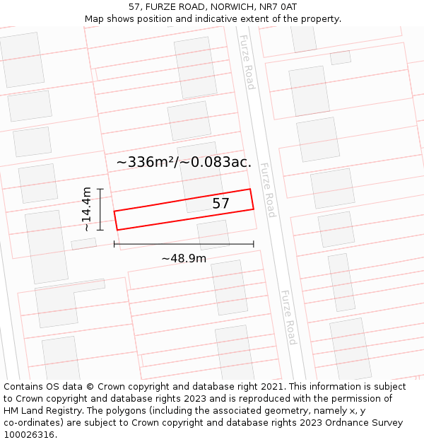 57, FURZE ROAD, NORWICH, NR7 0AT: Plot and title map