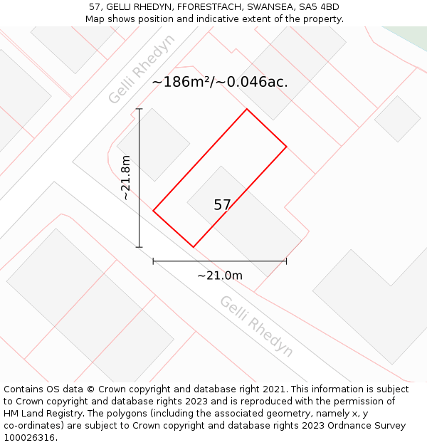 57, GELLI RHEDYN, FFORESTFACH, SWANSEA, SA5 4BD: Plot and title map