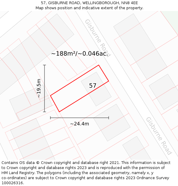 57, GISBURNE ROAD, WELLINGBOROUGH, NN8 4EE: Plot and title map