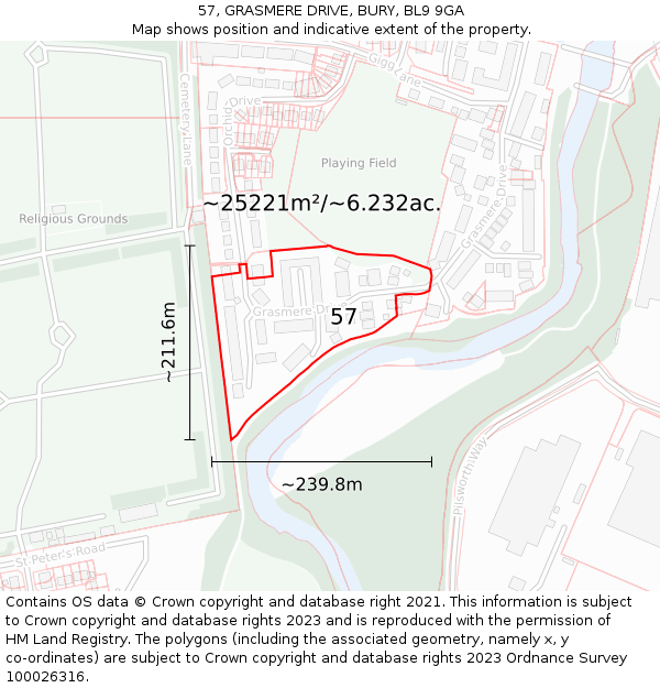 57, GRASMERE DRIVE, BURY, BL9 9GA: Plot and title map