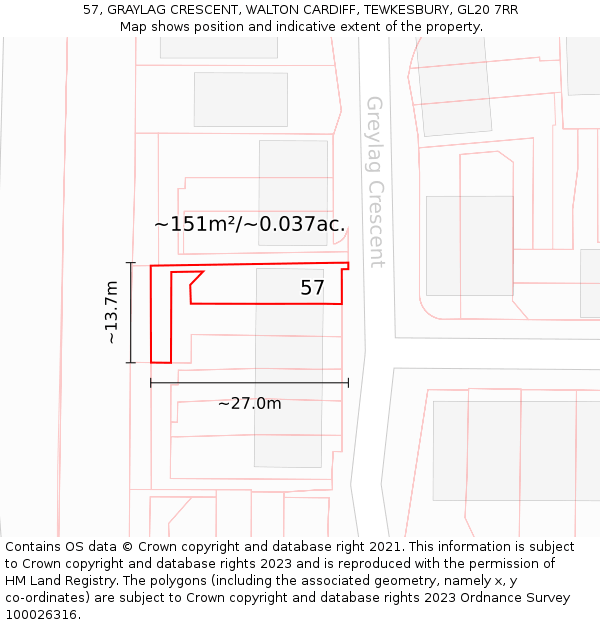 57, GRAYLAG CRESCENT, WALTON CARDIFF, TEWKESBURY, GL20 7RR: Plot and title map