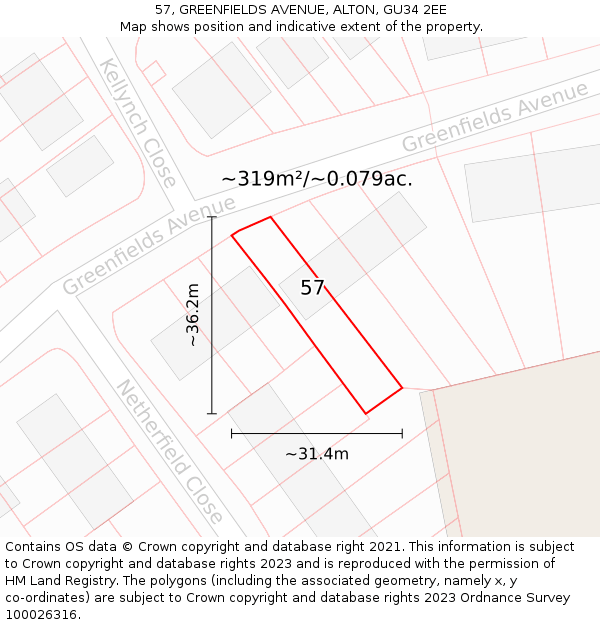 57, GREENFIELDS AVENUE, ALTON, GU34 2EE: Plot and title map