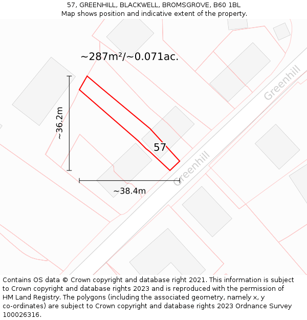 57, GREENHILL, BLACKWELL, BROMSGROVE, B60 1BL: Plot and title map