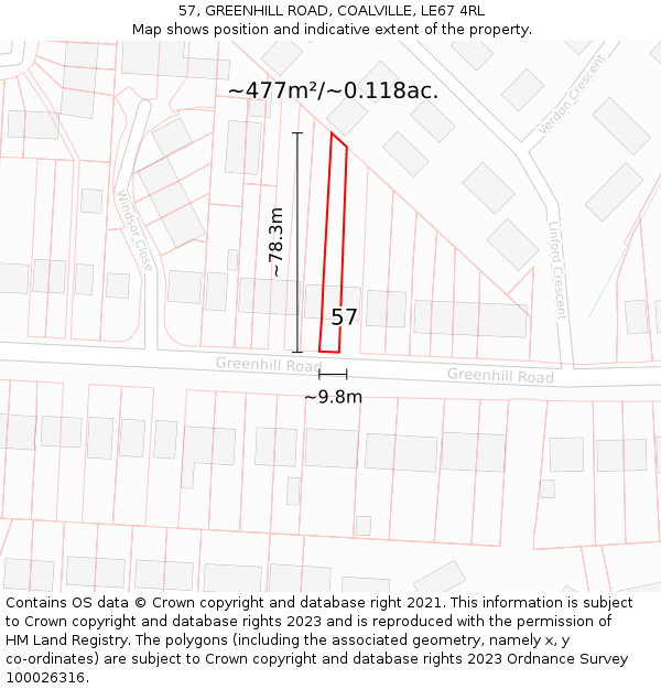 57, GREENHILL ROAD, COALVILLE, LE67 4RL: Plot and title map