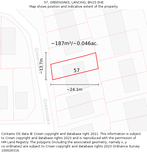 57, GREENOAKS, LANCING, BN15 0HE: Plot and title map