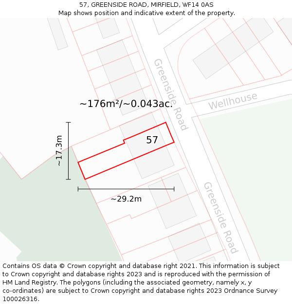 57, GREENSIDE ROAD, MIRFIELD, WF14 0AS: Plot and title map