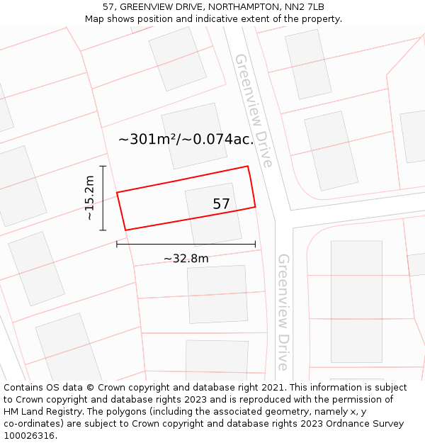 57, GREENVIEW DRIVE, NORTHAMPTON, NN2 7LB: Plot and title map