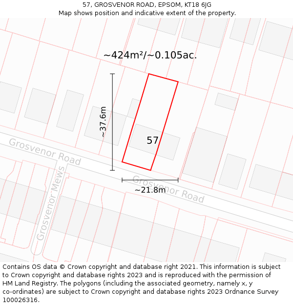 57, GROSVENOR ROAD, EPSOM, KT18 6JG: Plot and title map