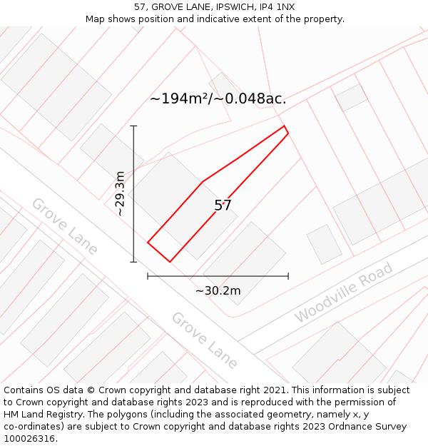 57, GROVE LANE, IPSWICH, IP4 1NX: Plot and title map