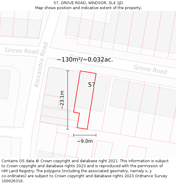 57, GROVE ROAD, WINDSOR, SL4 1JD: Plot and title map