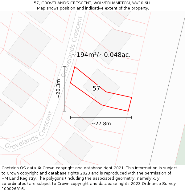 57, GROVELANDS CRESCENT, WOLVERHAMPTON, WV10 6LL: Plot and title map