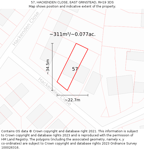 57, HACKENDEN CLOSE, EAST GRINSTEAD, RH19 3DS: Plot and title map