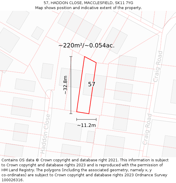 57, HADDON CLOSE, MACCLESFIELD, SK11 7YG: Plot and title map