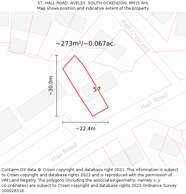 57, HALL ROAD, AVELEY, SOUTH OCKENDON, RM15 4HL: Plot and title map