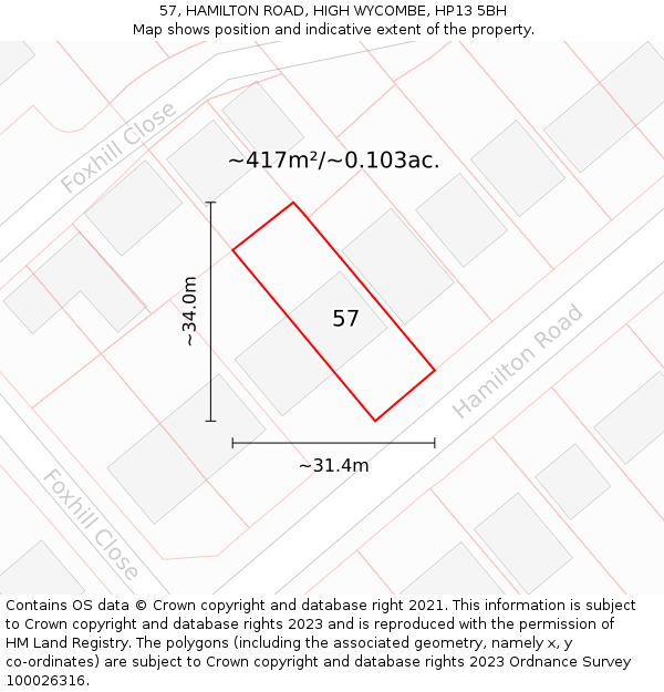 57, HAMILTON ROAD, HIGH WYCOMBE, HP13 5BH: Plot and title map