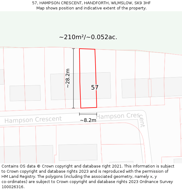 57, HAMPSON CRESCENT, HANDFORTH, WILMSLOW, SK9 3HF: Plot and title map