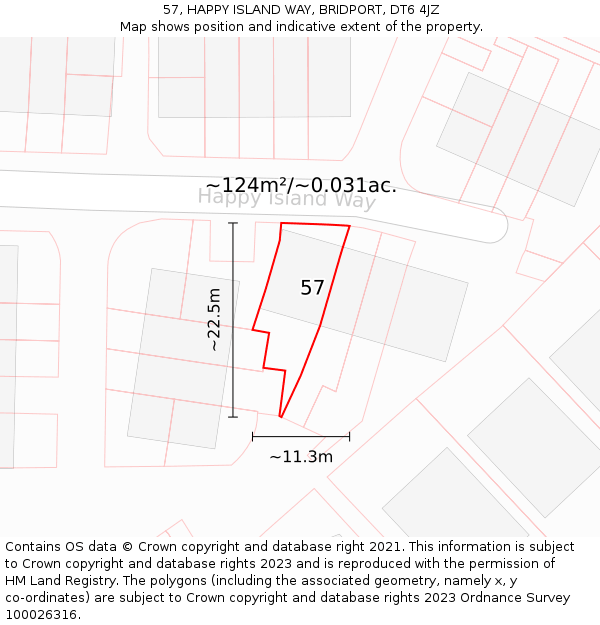 57, HAPPY ISLAND WAY, BRIDPORT, DT6 4JZ: Plot and title map