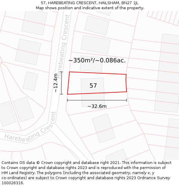 57, HAREBEATING CRESCENT, HAILSHAM, BN27 1JL: Plot and title map