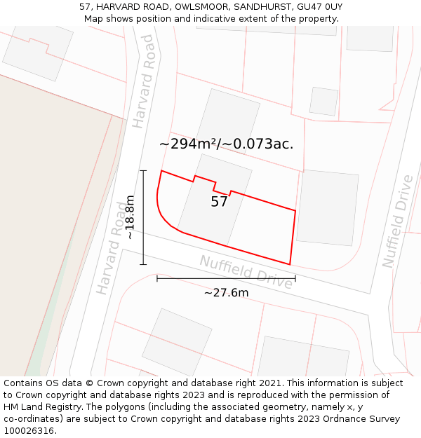 57, HARVARD ROAD, OWLSMOOR, SANDHURST, GU47 0UY: Plot and title map