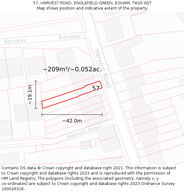 57, HARVEST ROAD, ENGLEFIELD GREEN, EGHAM, TW20 0QT: Plot and title map