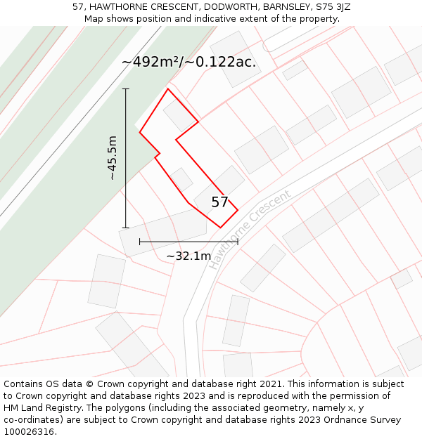 57, HAWTHORNE CRESCENT, DODWORTH, BARNSLEY, S75 3JZ: Plot and title map