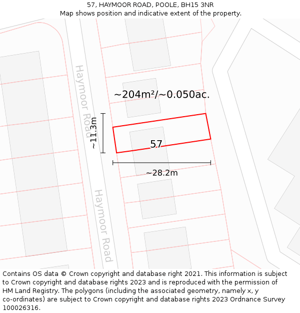 57, HAYMOOR ROAD, POOLE, BH15 3NR: Plot and title map