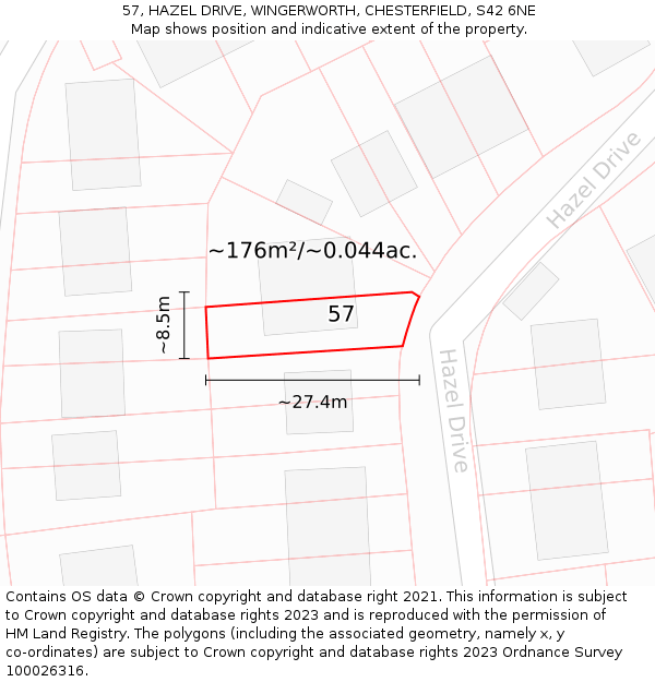 57, HAZEL DRIVE, WINGERWORTH, CHESTERFIELD, S42 6NE: Plot and title map