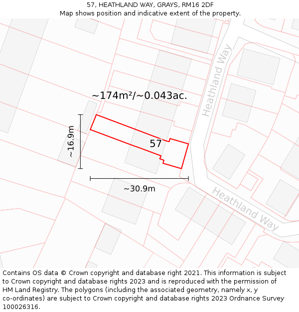 57, HEATHLAND WAY, GRAYS, RM16 2DF: Plot and title map