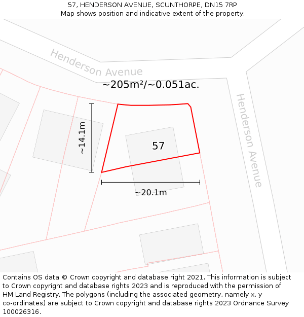 57, HENDERSON AVENUE, SCUNTHORPE, DN15 7RP: Plot and title map