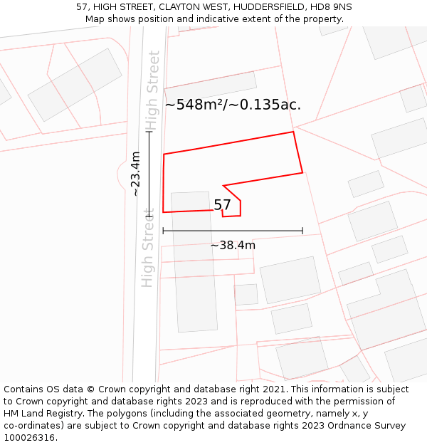 57, HIGH STREET, CLAYTON WEST, HUDDERSFIELD, HD8 9NS: Plot and title map