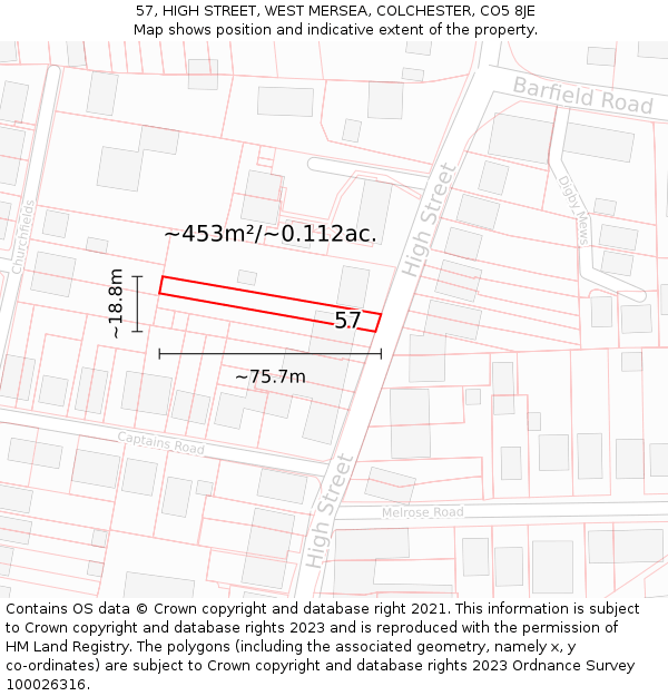 57, HIGH STREET, WEST MERSEA, COLCHESTER, CO5 8JE: Plot and title map