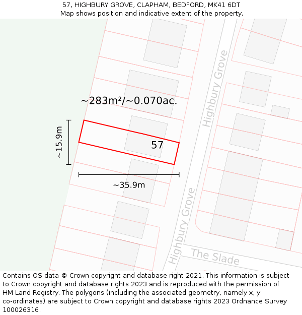 57, HIGHBURY GROVE, CLAPHAM, BEDFORD, MK41 6DT: Plot and title map