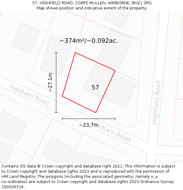 57, HIGHFIELD ROAD, CORFE MULLEN, WIMBORNE, BH21 3PD: Plot and title map