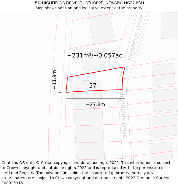 57, HIGHFIELDS DRIVE, BILSTHORPE, NEWARK, NG22 8SN: Plot and title map