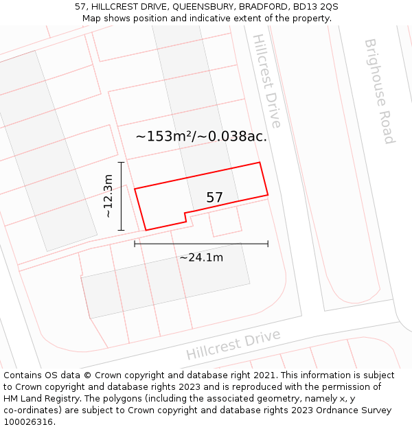 57, HILLCREST DRIVE, QUEENSBURY, BRADFORD, BD13 2QS: Plot and title map