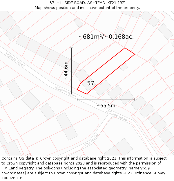 57, HILLSIDE ROAD, ASHTEAD, KT21 1RZ: Plot and title map