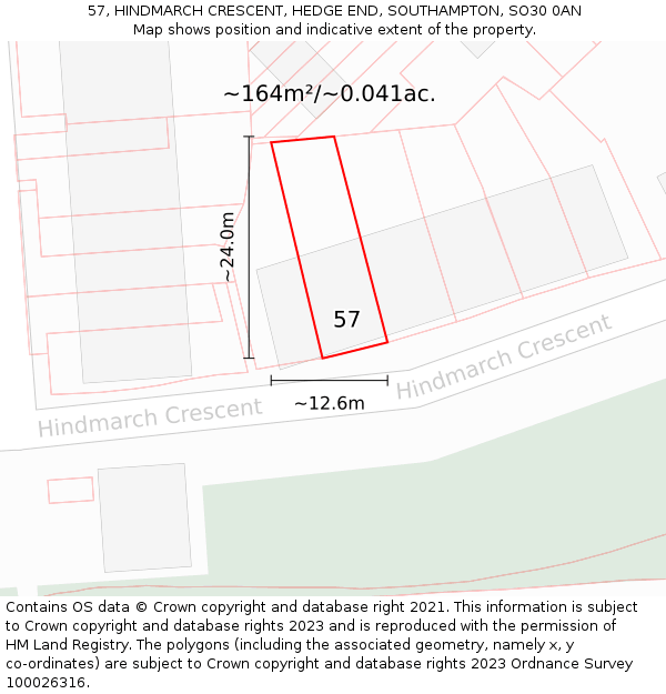 57, HINDMARCH CRESCENT, HEDGE END, SOUTHAMPTON, SO30 0AN: Plot and title map