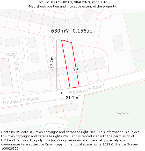 57, HOLBEACH ROAD, SPALDING, PE11 2HY: Plot and title map