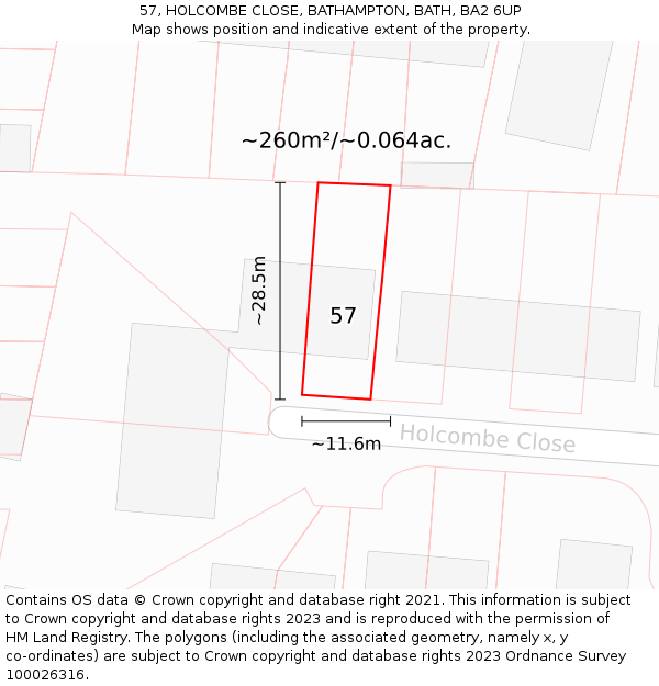 57, HOLCOMBE CLOSE, BATHAMPTON, BATH, BA2 6UP: Plot and title map