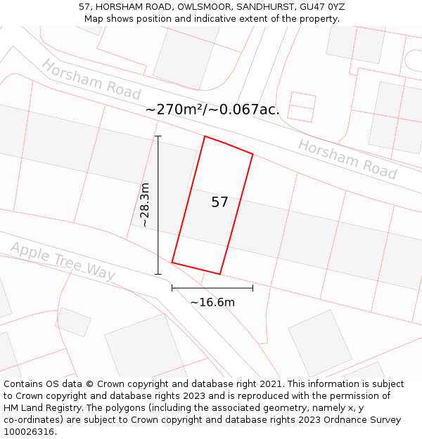 57, HORSHAM ROAD, OWLSMOOR, SANDHURST, GU47 0YZ: Plot and title map